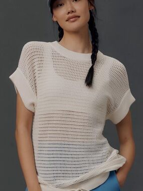 Varley Cream Open-Knit Short Sleeve Turtleneck Sweater